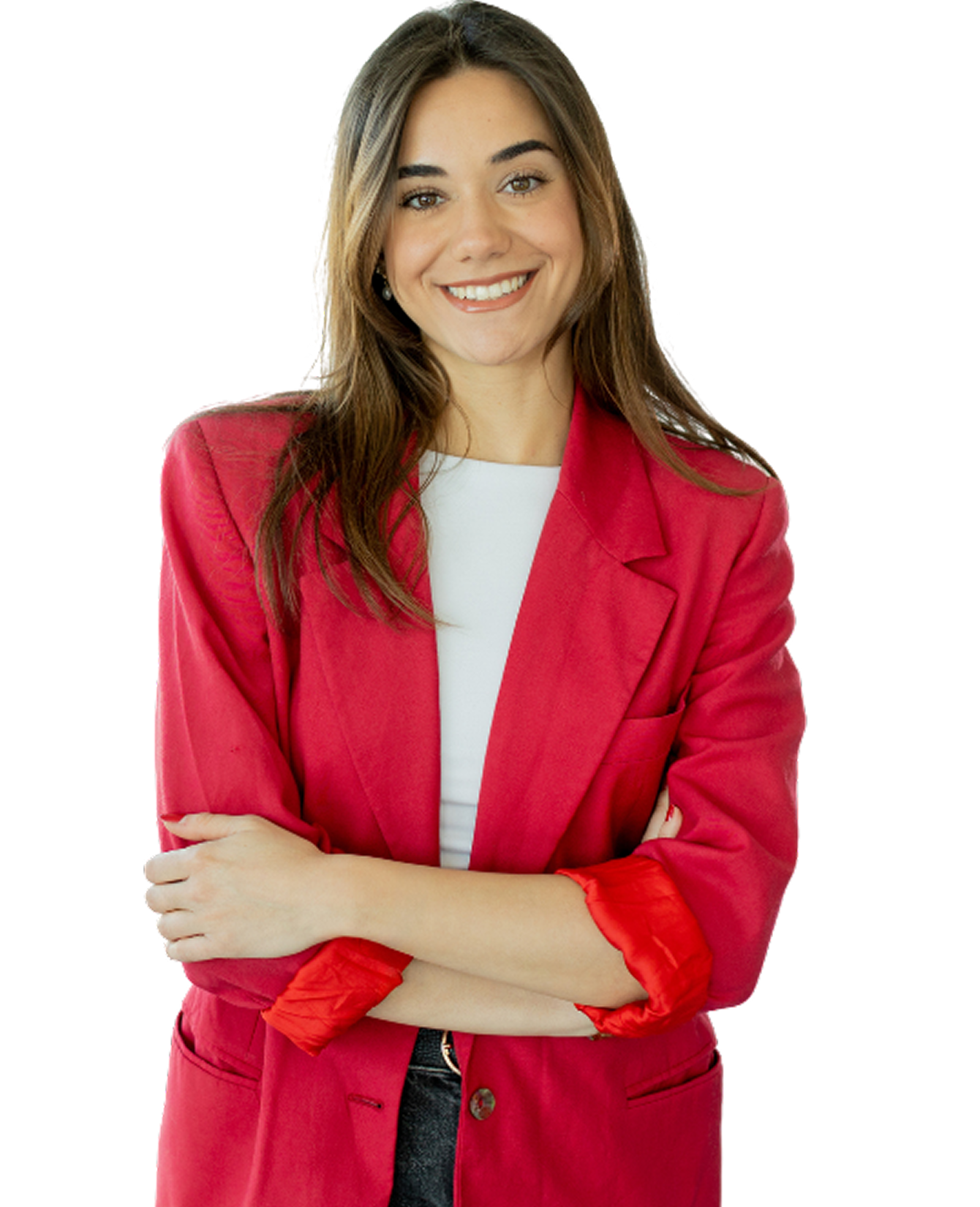 Smiling woman in suit.