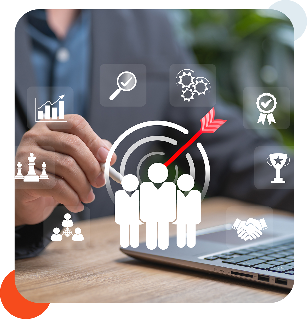 Business strategy icons on digital interface.