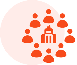 Red icons surrounding a central building symbol.